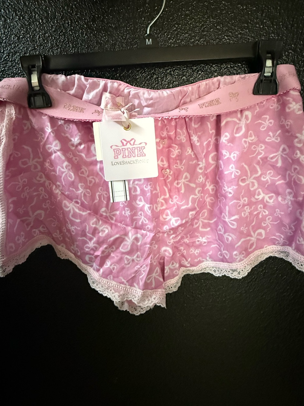 LoveShackFancy Pink Bow-Print Lace Trim Sleep Shorts